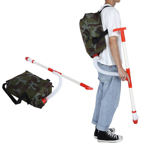 Manual Fertilizer Spreader With Bag For Farm Crops And Garden Use shown on person with ergonomic grip and camouflage backpack.