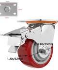Close-up of Heavy Duty Industrial Casters Set Of Four Swivel Rubber Wheels With One Touch Brakes, showing 3in wheel.