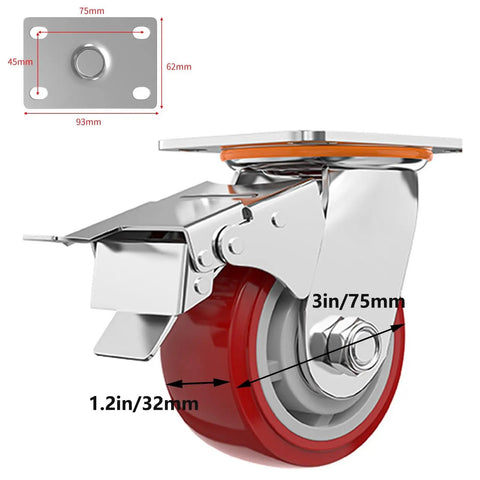 Close-up of Heavy Duty Industrial Casters Set Of Four Swivel Rubber Wheels With One Touch Brakes, showing 3in wheel.