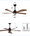 Geelife 52" 5PCS Solid Wood Blades Ceiling Fan with Lights Remote Control dimensions, matte black finish and wood blades.