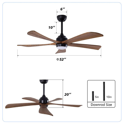Geelife 52" 5PCS Solid Wood Blades Ceiling Fan with Lights Remote Control dimensions, matte black finish and wood blades.