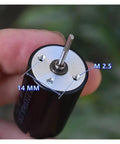 Close-up of Mini Coreless DC Motor 22mm By 33mm With Dual Shaft Beefy Torque NdFeB Magnets, dimensions and mounting holes visible.