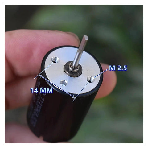 Close-up of Mini Coreless DC Motor 22mm By 33mm With Dual Shaft Beefy Torque NdFeB Magnets, dimensions and mounting holes visible.