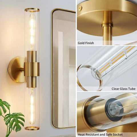Gold Wall Sconce With Clear Glass, Modern Vanity Lighting Up And Down Indoor Wall Lights For Bathroom And Living Room, Metal Frame
