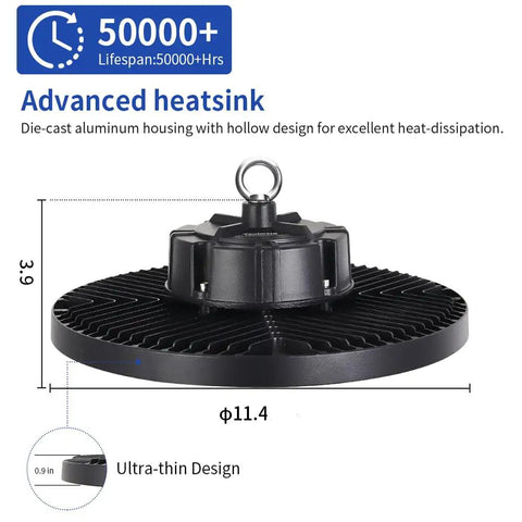 LED High Bay Light 200W 28000lm 5000K UFO Shop Light with Plug and Play 5ft Cable and Hook Ring side view heat dissipation design