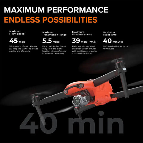 EVO II V2 Pro 6K Rugged Drone Bundle Built Tough With Weatherproof Frame and Pro Stabilized Camera in flight with specs overlay