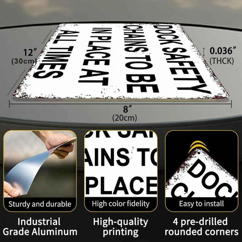 Heavy Duty Aluminum Dock Safety Chain Sign 12X8 Inch Rustproof Metal Warning Plate with pre-drilled holes for easy hanging.