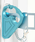 Blue travel door lock with chain, compact design, aluminum and stainless steel, enhances privacy and security in rentals.