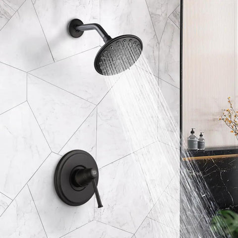 Slick Matte Black Shower Faucet Set With Wall Mounted Rain Mixer 6 Inch Shower Head Single Handle Trim Kit Rough In Valve Included Durable ABS Fixtures With Leak Proof Seals And 6 Spray Modes For Everyday Spa Like Showers