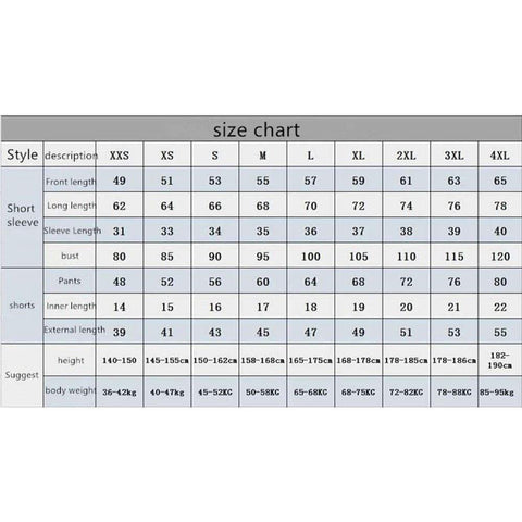 Clothing size chart for sizes XXS to 4XL with measurements for front length, sleeve length, bust, pants, shorts, height, and body weight.