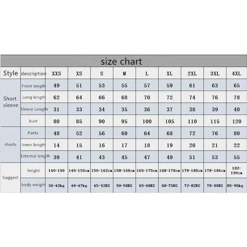 Size chart showing measurements for various clothing sizes from XXS to 4XL including bust, pants, shorts, and height recommendations.