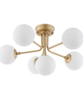 Brass Gold 24 Inch Parisian 6 Light Globe Modern Industrial Iron Ceiling Light Semi Flush Mount With White Frosted Glass Shade LED Bulbs Included For Kitchen Or Bedroom Decor