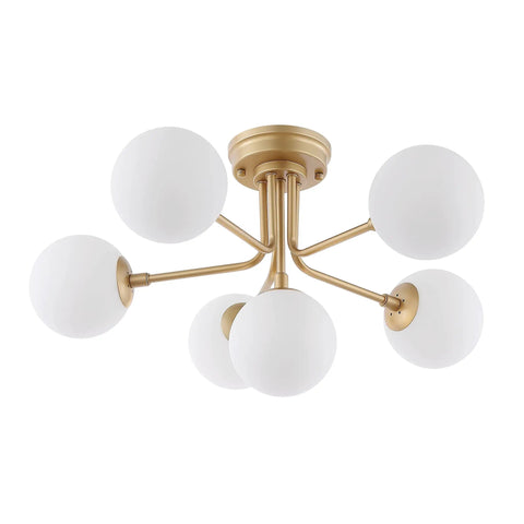 Brass Gold 24 Inch Parisian 6 Light Globe Modern Industrial Iron Ceiling Light Semi Flush Mount With White Frosted Glass Shade LED Bulbs Included For Kitchen Or Bedroom Decor