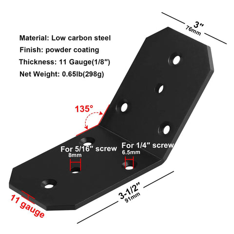 Six Pack 45 Degree Inside Flush Angle Brackets For 4x4 Wood Posts Heavy Duty 11 Gauge Steel, size and screw details shown