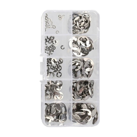 Get The Ultimate 200Pcs Stainless Steel E Clip Assortment For Shaft And Bearing Fixing Including 10 Diverse Sizes To Upgrade Your Auto Machinery Repair Game With Tough Rust Resistant Fasteners Plus Handy Storage Case Ready To Bust Out This Bad Boy On Any - Storage case with assorted stainless steel E-clips.