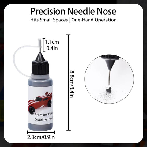 Ultra Fine Graphite Powder for Pinewood Derby Cars Half Ounce with Precision Needle Tip Applicator 3000 Mesh 99 Percent Purity