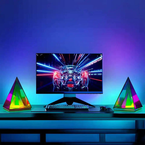 Pyramid Modern Table Lamp LED Desk Light with colorful transparent glow, 3D acrylic, large warm night light for home office setup