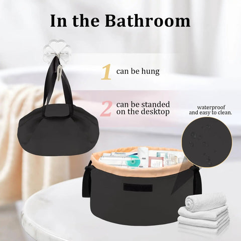 Drawstring Travel Makeup Bag Large Capacity Cosmetic Organizer For Women Opens Flat For Easy View Bathroom Display Black