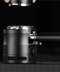 Legit Reliable Adjustable Espresso Tamper Station With Grippy Silicone Bottom and Raised Frame to Hold Back Spilled Grounds, close-up view of portafilter.