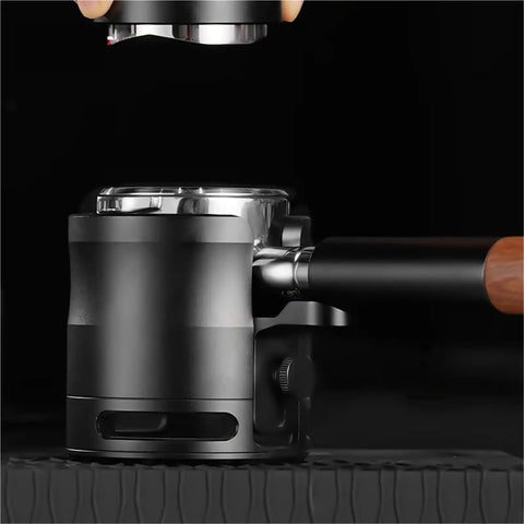 Legit Reliable Adjustable Espresso Tamper Station With Grippy Silicone Bottom and Raised Frame to Hold Back Spilled Grounds, close-up view of portafilter.