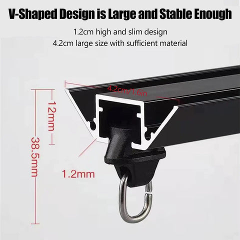 Invisible Ultra Thin Ceiling Curtain Track With Aluminum Rail And Hooks, Silent No Drill Single Curtain Rod For Living Room Bedroom Balcony And Hospital Use, 1.2m Black; black rail hook close-up