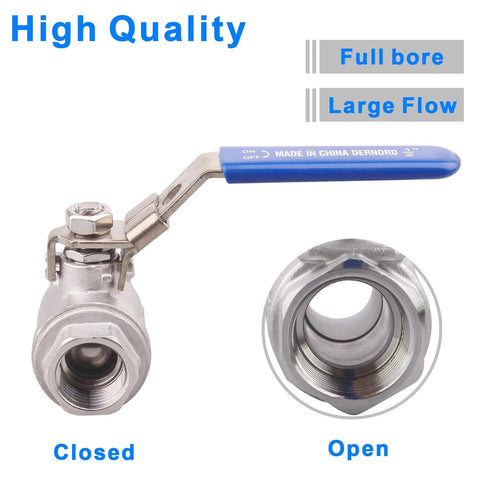 Dernord 2-pack stainless steel 1/2 in NPT ball valves with blue lever; front view: closed valve; inset shows open bore.