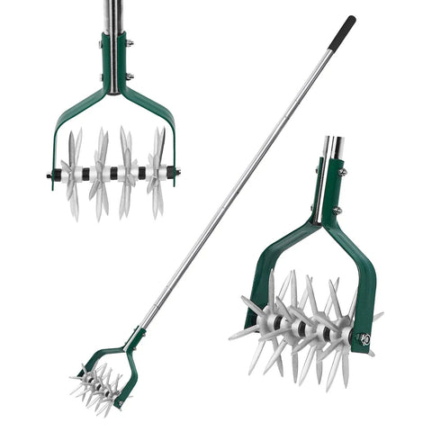 Compact Rotary Cultivator With Adjustable Stainless Steel Handle For Small Gardens Eight Tine Aluminum Head Loosens Soil
