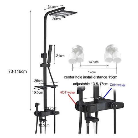 RIBEUJIZS Digital Shower System, Black Thermostatic Shower Faucets with adjustable dimensions and digital display screen.