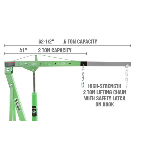 Straight Shooter Two Ton Engine Hoist Foldable Cherry Picker with 2 ton lifting chain and safety latch on hook.