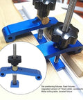 Super Cool Anu Limen T Track Clamp In Vivid Blue For Rocksolid Hold Downs On Your CNC Router And Woodworking Metal Parts Fixing Needs, close-up view of clamp on wood.