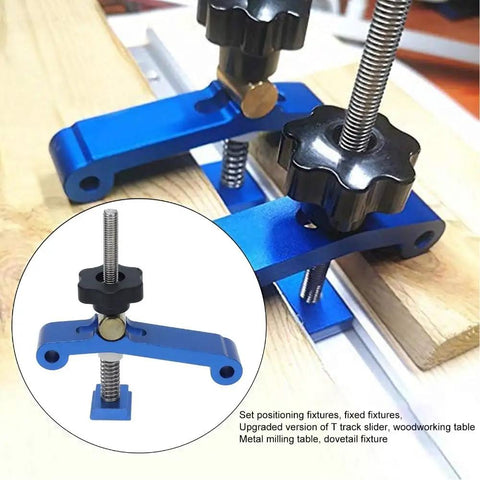 Super Cool Anu Limen T Track Clamp In Vivid Blue For Rocksolid Hold Downs On Your CNC Router And Woodworking Metal Parts Fixing Needs, close-up view of clamp on wood.