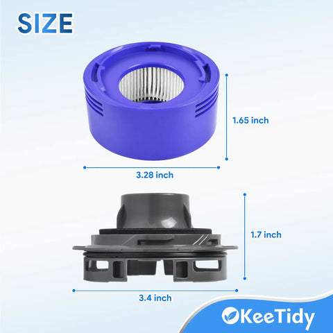 HEPA Filter Replacement and Motor Cover for Dyson V8 V7 with size dimensions, Quiet Upgrade Kit shown