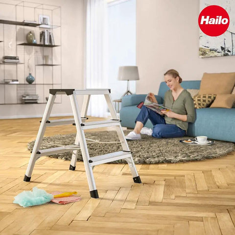 Two Sided Folding Step Ladder D60 Grab And Go Ready For A 330 Lb Capacity And Three Steps, Easy Reach In Kitchens, Garages, And Workshops, Lightweight Aluminum Build With Safe Deep Ribbed Steps in living room