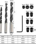 Drill bits and components from Pocket Hole Screw Jig And Dowel Drill Joinery Kit For Woodworking, with size chart.