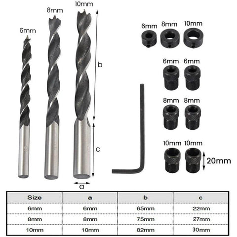 Drill bits and components from Pocket Hole Screw Jig And Dowel Drill Joinery Kit For Woodworking, with size chart.