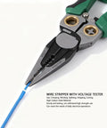 Close-up of Badafaci 8 In 1 Wire Stripper Voltage Tester Multifunctional Crimping Cutting Pliers, showing high carbon steel and blue wire.