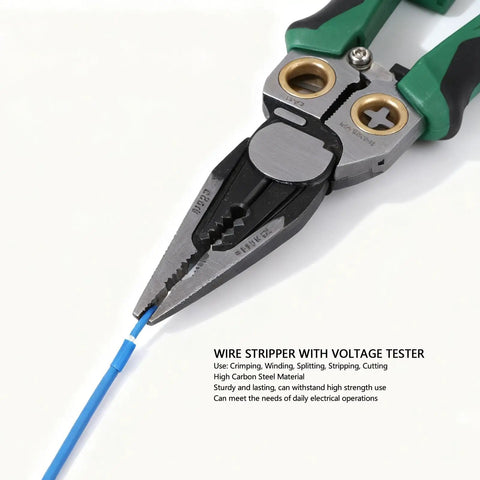 Close-up of Badafaci 8 In 1 Wire Stripper Voltage Tester Multifunctional Crimping Cutting Pliers, showing high carbon steel and blue wire.