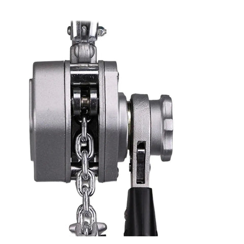 Heavy Duty Mini Hand Chain Hoist Lifting Tool Aluminum Alloy Wrench Hoist 0.75 Ton Small Crane close-up view with chain and lever.