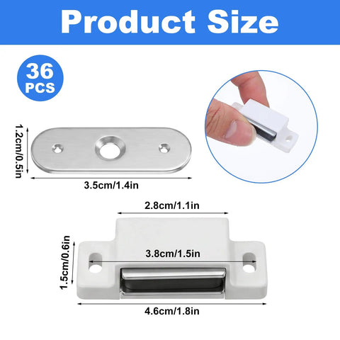 Heavy Duty White Cabinet Magnets 36 Pack That Hold Super Solid With Screws Included To Keep Doors Closed Tight For Kitchens Closets And Wardrobes So No More Slamming Or Loose Lids Ever Again product size diagram with dimensions shown.