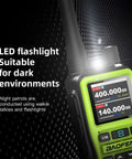 Close-up of Two Pack Mini Ham Radio Long Range Handheld Two Way Radio With Bluetooth App Programming, green display on.