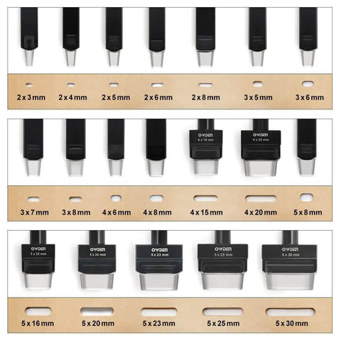 19 sizes of Oblong Leather Hole Punch Set With Nylon Pad, Pro Grade Leatherworking Tools for belts, wallets, bags, shown with measurements.