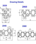 Drawing details of Legit Heavy Duty Aluminum T Slot Extrusion Rails Linear Motion Guides including dimensions for models 2020, 2040, 2060, and 2080.