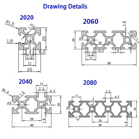 Drawing details of Legit Heavy Duty Aluminum T Slot Extrusion Rails Linear Motion Guides including dimensions for models 2020, 2040, 2060, and 2080.