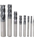 CNC end mill set, 8-piece carbide end mills with straight shanks, sizes 2–12 mm, front view