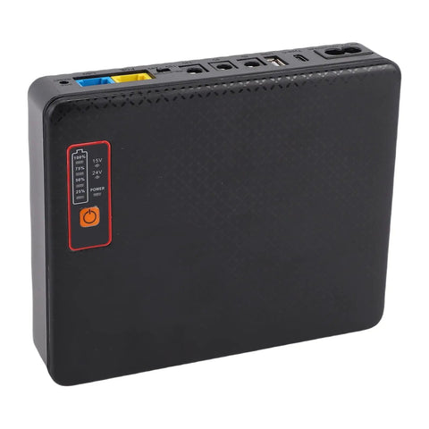 Mini Dc Ups 16000Mah Backup Power Supply For Routers And Modems With Us Plug 8.5 Hour Runtime sleek black casing with ports.