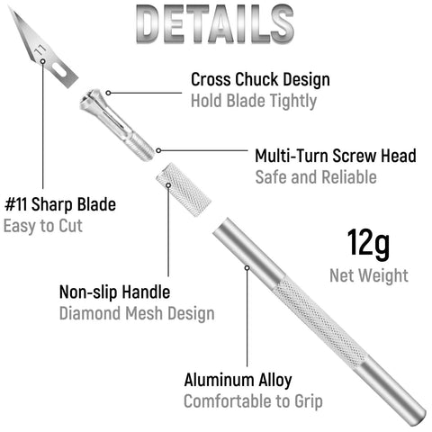 Detailed view of craft knife with #11 sharp blade, non-slip aluminum handle, and 12g weight. 10 Pack Craft Knife Set With SK5 High Carbon Steel Blades For Pumpkin Carving, DIY Art And Stencil Projects, Pro Level Hobby Utility Knives For Cutting, Crafting And Detail Work.
