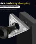 Front view of metal lathe tool holder with square silver base and black screw knob