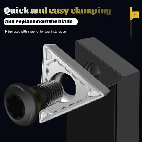 Front view of metal lathe tool holder with square silver base and black screw knob