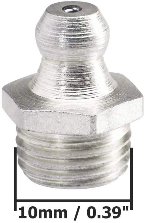 Close-up of a 20 Piece M10 Straight Iron Grease Fitting Assortment Kit Zerk Fittings Nipple 10mm by 1mm male thread.