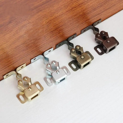 Four Piece Cabinet Door Catches Featuring Bulletproof Magnetic Dampers And Adjustable Metal Mounts For Kitchens And Wardrobes With A Dead Simple Install That Delivers Slick Soft Close Action Every Time, showing different finishes on catches.